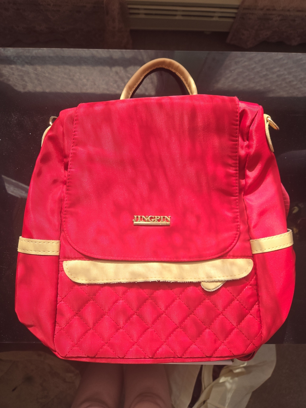 Jingpin Red Quilted Backpack with Cream Trim